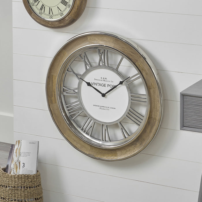 Pacific Lifestyle Polished Nickel & Mango Wood Round Wall Clock