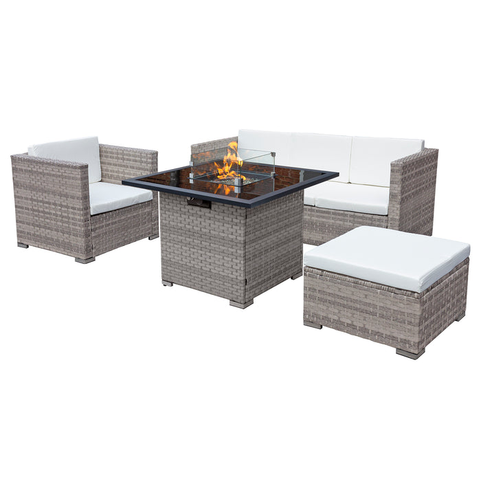Oseasons® Acorn Rattan 5 Seat Firepit Lounge Set in Dove Grey with White Cushions