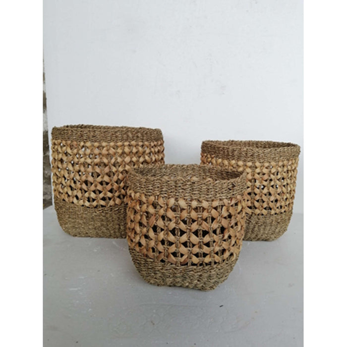 Pacific Lifestyle Woven Natural Seagrass and Water Hyacinth S/3 Tall Round Baskets
