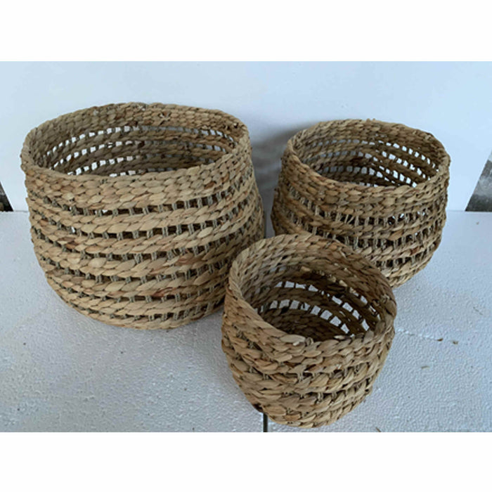Pacific Lifestyle Woven Water Hyacinth Set of 3 Round Stripe Detail Baskets