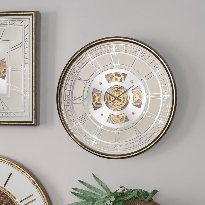 Pacific Lifestyle Antique Gold Wood Frame and Mirrored Round Cog Wall Clock