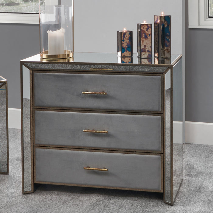 Pacific Lifestyle Grey Velvet, Antique Metal and Mirror 3 Drawer Unit