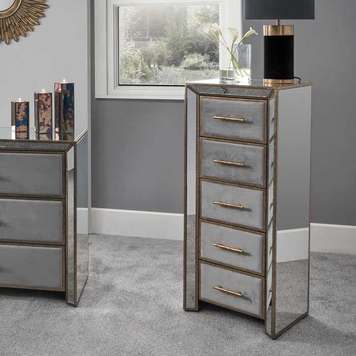 Pacific Lifestyle Grey Velvet, Antique Metal and Mirror Tall Boy